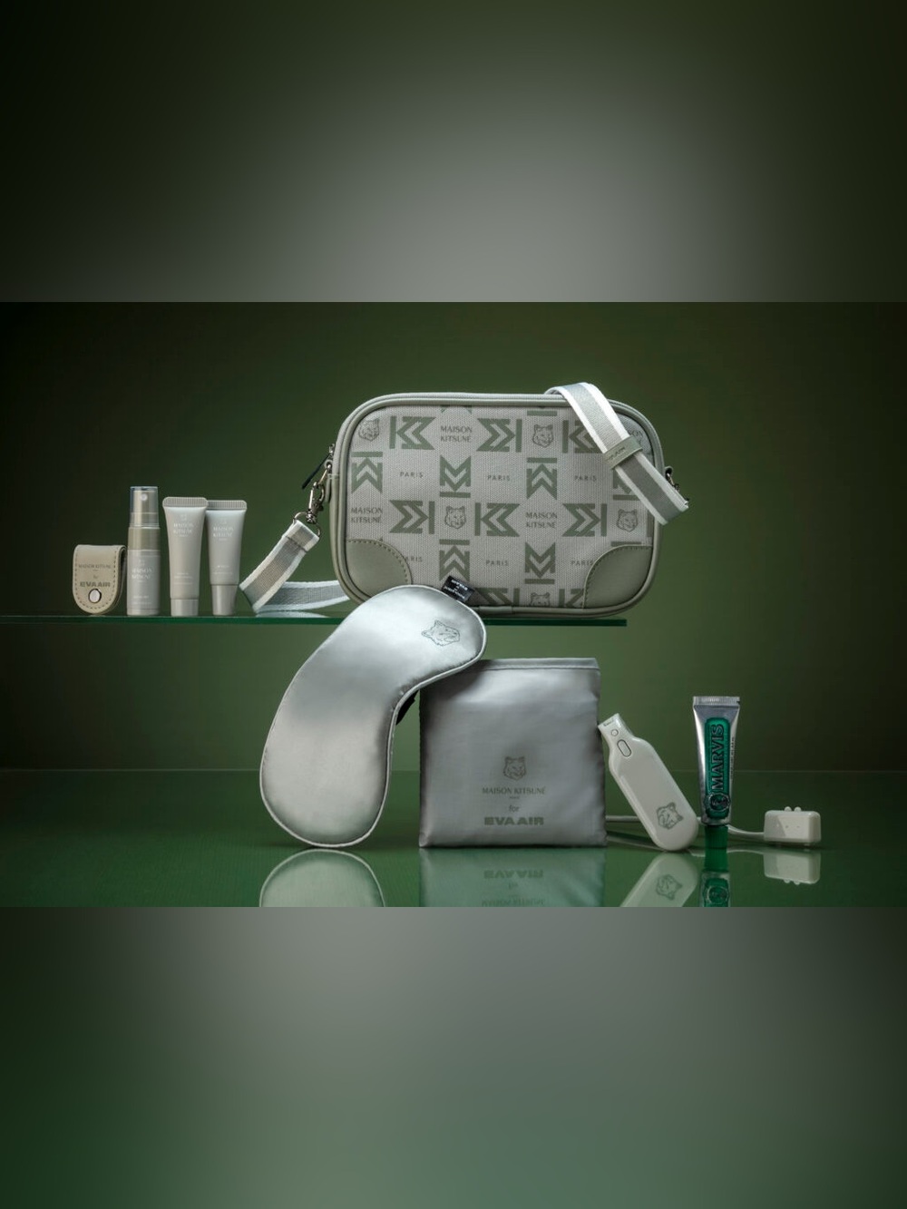 Maison Kitsuné x EVA Air Travel Set - Sage Green Monogram Crossbody Bag